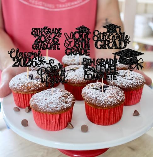 32 Pieces 8th Grade Grad Cupcake Toppers Black Glittery Eighth Grade Graduation Cupcake Decorations Class of 2026 Peace out 8th Grade Cupcake Picks for Middle School Grad Party Cupcake Decorations