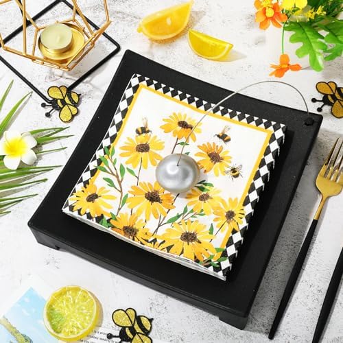 JarThenaAMCS 80 Pcs Sunflower Luncheon Napkins Floral Bee Disposable Paper Napkin Decorative Diamond Check Dessert Dinner Hand Napkin for Summer Party Supplies Decor