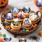 36PCS Edible Halloween Scene Cupcake Toppers Wafer Paper Pumpkin Cake Decorations Haunted House Castle Cupcake Picks for Halloween Eve Theme Party Birthday Decor Supplies