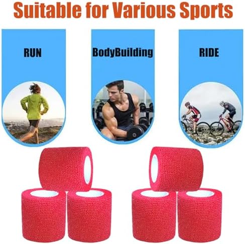 Hysiwen 6 Pack 2" x 5 Yards Self Adhesive Bandage Breathable Cohesive Wrap Self Adherent Vet Tape Self Stick Bandage Wrap for Sports, Athletic, Wrist, Ankle(Red)