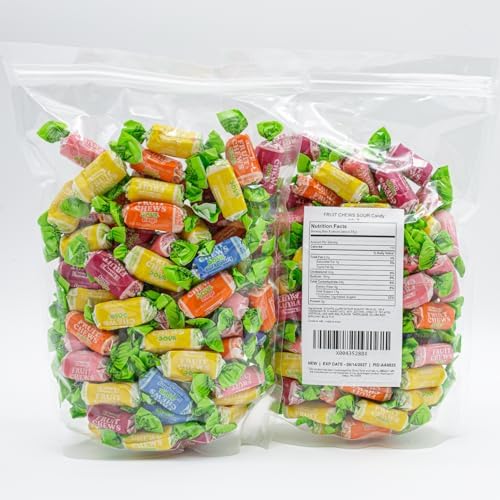 FRUIT CHEWS Candy SOUR 2 lb – Bulk Bag, Fruity Flavored, Assorted Flavors, Gluten & Peanut Free, Individually Wrapped (134 Pieces)