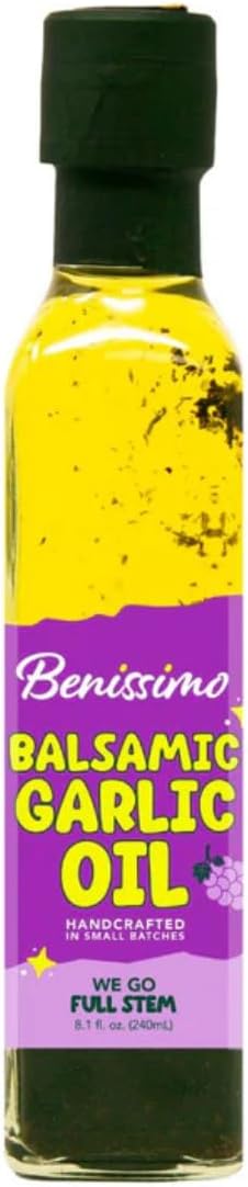 Benissimo Balsamic Garlic Herb Infused Oil & Vinegar Blend, All Natural Gourmet Blend with Bold Balsamic, Roasted Garlic, and Hand-Selected Herbs, Ideal for Drizzling, 8.1 fl oz