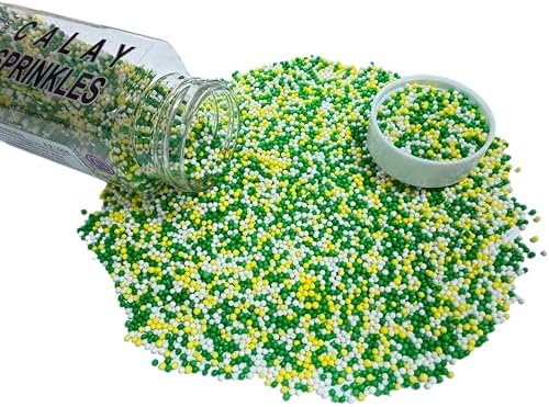 Gevog 2MM Yellow Green and White Nonpareils Pearls Sprinkles Mixing Edible Cake Cupcake Sprinkles for Baking Cupcake Cookie Ice Cream Decoration Supplies 110g/ 3.88oz