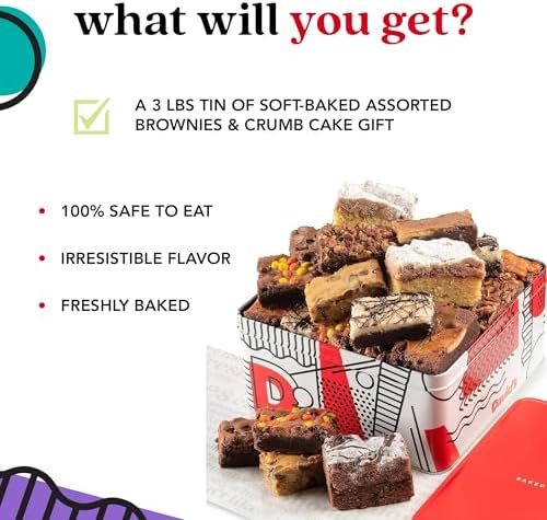 David's Cookies Assorted Brownies & Crumb Cake Gift Tin 3Lbs - Delicious, Fresh Baked Snacks, Gourmet Chocolate Fudge Slices, Brownies Gift Basket - Ideal Gift for Superbowl & Other Special Occasions