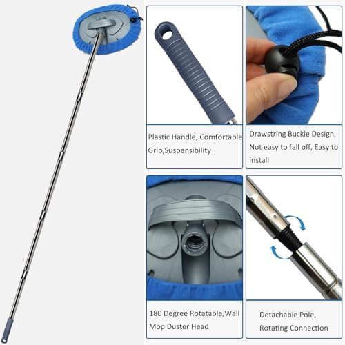 Max 83'' Wall Mop, Wall Cleaner with Long Handle, Ceiling Dust Mop with 15° Labor-Saving Elbow Extension Pole, Baseboard Duster Washer Scrubber, High Reach Window Cleaning Brush, Roof Cleaning Tool