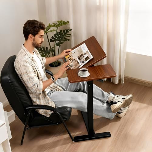 Overbed Bedside Table with Wheels, Pneumatic Adjustable Rolling Laptop Desk,Tiltable Bed Table Over The Bed,Mobile Standing Desk for Bedroom,Couch, Office and Home Use