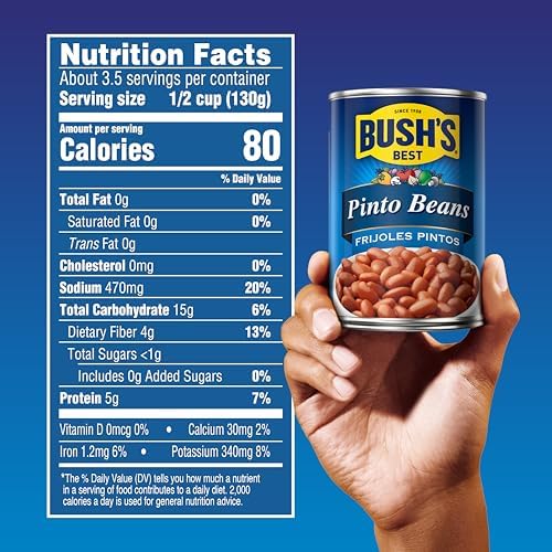 BUSH'S BEST 16 oz Canned Pinto Beans, Source of Plant Based Protein and Fiber, Low Fat, Gluten Free, Great For Soups, Salads and More, (Pack of 12)