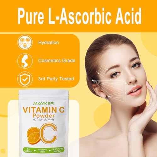 MAYKER Ultra Fine Vitamin C Powder For Face, 1.76oz, Pure Cosmetic Grade L-Ascorbic Acid Powder For DIY Skincare, Serums & Creams