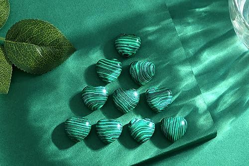 QINJIEJIE 10PCS Green Malachite Heart Crystals Stones Thick Love Shaped Gemstones Pocket Palm Crystal Bulk Polished Thumb Gem Set Wholesale Worry Stones Reiki Energy Spiritual Guardian Mini Gift