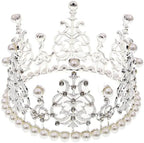 Women Girls Retro Man-made Pearl Crown Bride Tiara Cake Topper Decoration for Wedding Birthday Party Decoration Party Decorations Silver
