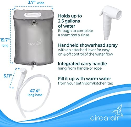 CIRCA AIR Bedside Shower - 2.5 GL Silver Portable Water Shower Bag For Hair Washing In Bed. Use With Inflatable Hair Washing Basin, Shampoo Basin, Bathtub For Elderly