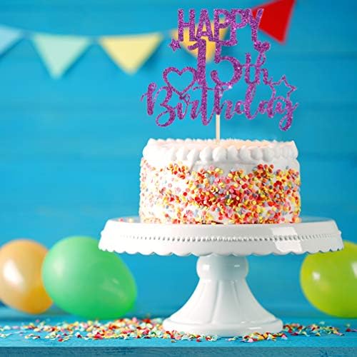 INNORU Purple Glitter Happy 15th Birthday Cake Topper for Cheers to 15 Years - Teenager Children's Birthday Party Cake Decorations