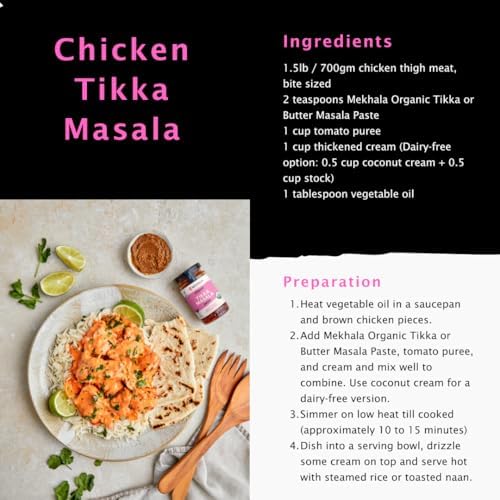 Mekhala Organic Tikka Masala Indian Cooking Paste. Versatile sauce, marinade, cooking paste. Medium spice ORGANIC VEGAN GLUTEN-FREE NO ADDED SUGAR 3.53oz