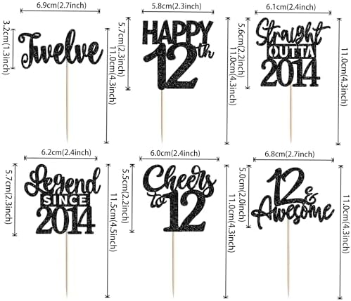 24PCS Black 12th Birthday Cupcake Toppers Twelve Happy 12 Official Teenager Straight Outta 2014 Cupcake Picks Cheers to 12 Lengend Since 2014 Cake Decorations for 12th Birthday Party Supplies
