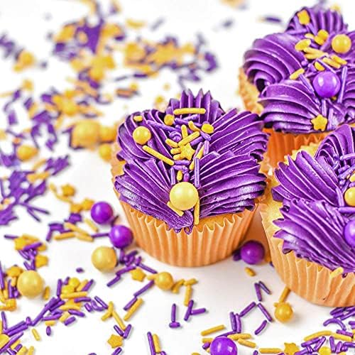 Lakers Purple and Gold Sprinkles for Cake, Cookie, Cupcake Decorating, and Baking - Lakers and Mardi Gras Cake Decorations in Purple Jimmies, Nonpareils, Sprinkles with Chocolate Balls