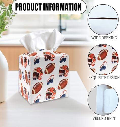 Tissue Box Cover Holder - Football Sports PU Leather Tissue Box Cover with Bottom Belt, Square Facial Paper Organizer for Tabletop, Bathroom, Kitchen, Car & Office -048