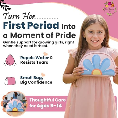 The Bloom First Period Kit for Girls 9-12, Cute Sanitary Napkin Storage Bag Gifts, Tween Period Starter Kit, Portable Waterproof Emergency Sanitary Pad Pouch for Active Girls - 16 PC, (Pink)