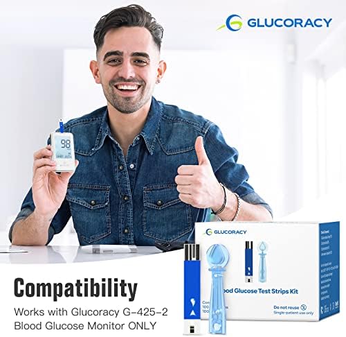 Glucoracy G-425-2 Blood Glucose Test Strips, 100 Counts Test Strips for Diabetes + 100 Counts Blood Lancets, Only for Glucoracy G-425-2 Meter Kit