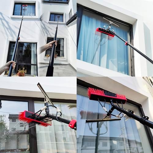 Water Fed Telescopic Brush, High Window Cleaning Kit with Poles & Squeegees, Extendable Outdoor Window Cleaner with Hose,6m/20ft