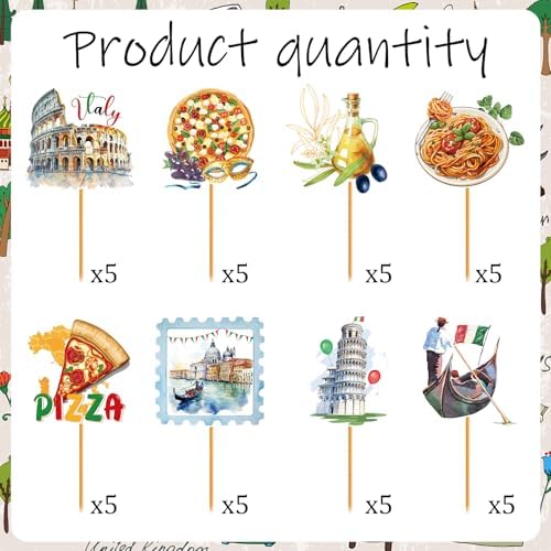 Italian Theme Party Decorations - 40 Pcs Italy Pizza Birthday Cupcake Toppers Picks, Rome Colosseum Spaghetti Cup Cake Topper, Buon Comleanno Summer Party Supplies Photo Background Decor