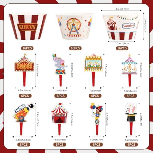 Hooqict 48 Pack Carnival Theme Party Decorations Circus Cupcake Toppers and Wrappers for Kids Boys Girls Circus Party Favors Carnival Birthday Cupcake Cake Decorations Supplies