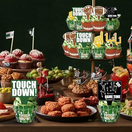 48Pcs Football Cupcake Toppers and Wrappers | Football Theme Birthday Sports Game Day Sunday Party Decoration Supplies
