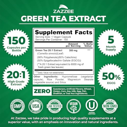 Zazzee Extra Strength Green Tea 20:1 Extract, 50% EGCG, 98% Polyphenols, 80% Catechins, 150 Vegan Capsules, 5 Month Supply, Certified Kosher, Antioxidant & Metabolism Support, Non-GMO, Made in the USA