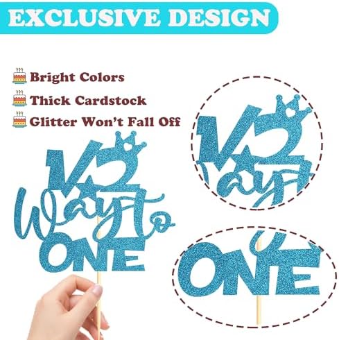 Sotpot 1 Pack Half Way To One Cake Topper Blue Glitter 1/2 Half Birthday Cake Decoration for Baby Half Year Old Birthday Party Gender Reveal Party Supplies