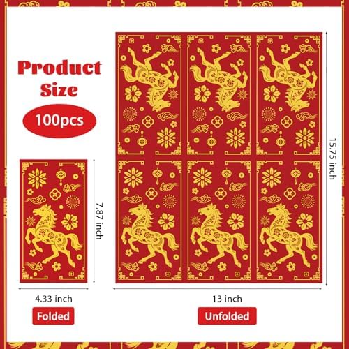 100Pcs Chinese New Year 2026 Paper Napkins 3 Ply Red Gold Foil Horse Disposable Absorbent Hand Towels Year of the Horse Guest Napkins for Spring Festival Luncheon Dinner Bathroom Supplies Table Decor