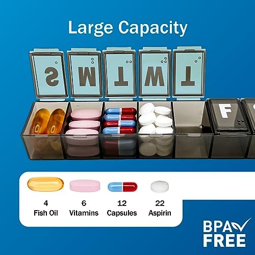 Amazon Basic Care Weekly (7-Day) Pill Organizer, Vitamin Planner, And Medicine Box, Medium Compartments, Black