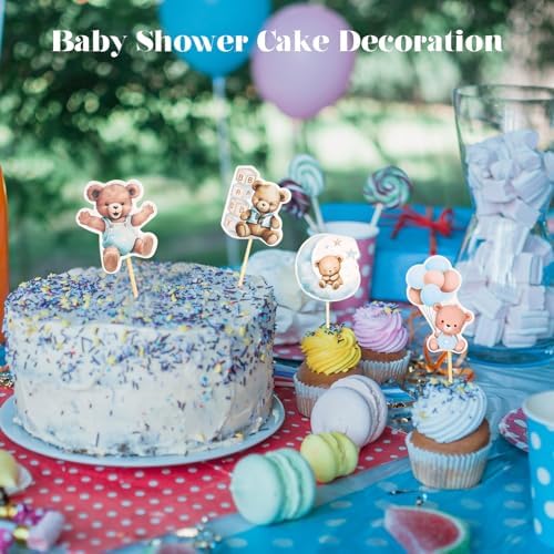 24 PCS Blue Bear Cake Toppers We Can Bearly Wait Cupcake Toppers for Teddy Bear Themed Birthday Party Gender Reveal Cake Decorations Party Supplies Pastries Desserts Decor