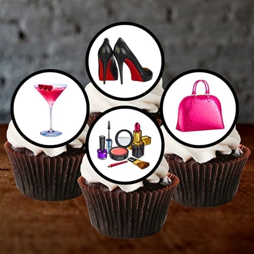 Bag, Shoes & Make Up Edible Cupcake Toppers, Girls Edible Cake Decorations, Pink Cake Decorations for Women, Party Girl Bachelorette Cookie Decor, 48 x 3cm / 1.18 inch UNCUT Discs