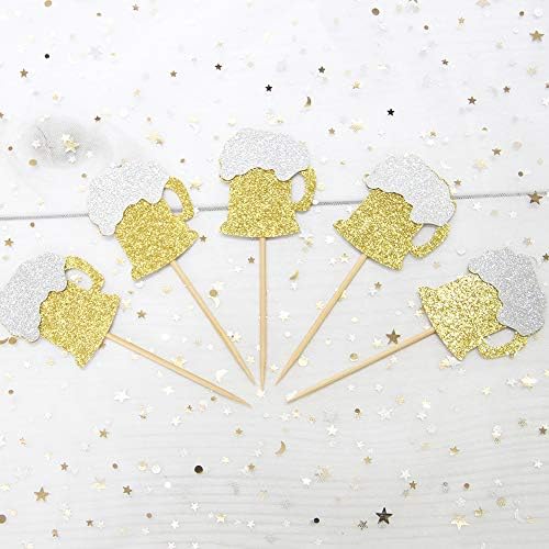 24Pcs Glitter Golden Beer Mug Cupcake Toppers Beers Cupcake Picks for Beer Festival Celebrating Party Cheers to 30th 40th 50th 60th Birthday Cake Decorations Beers Themed Party Decors