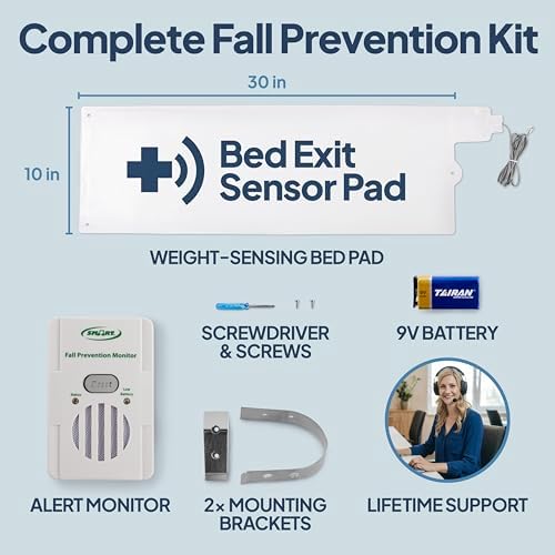 Smart Caregiver Bed Alarm for Elderly Adults – Fall Prevention System with 10"x30" Weight-Sensing Bed Pad – Automatically Alerts Caregiver When They Get Up