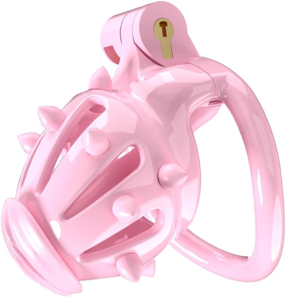 Male Fixed Training Cage Protection Cage (Curved) with Pink Silicone Spikes for Security (US-A134) (E5P)