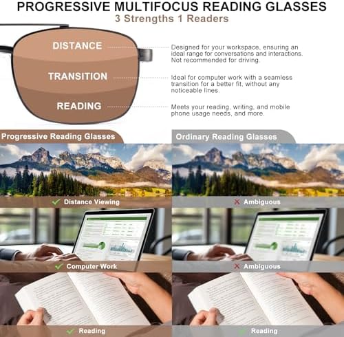 Photochromic Progressive Reading Glasses for Men, No-Line Multifocal Readers，Metal Frame with Spring Hinge