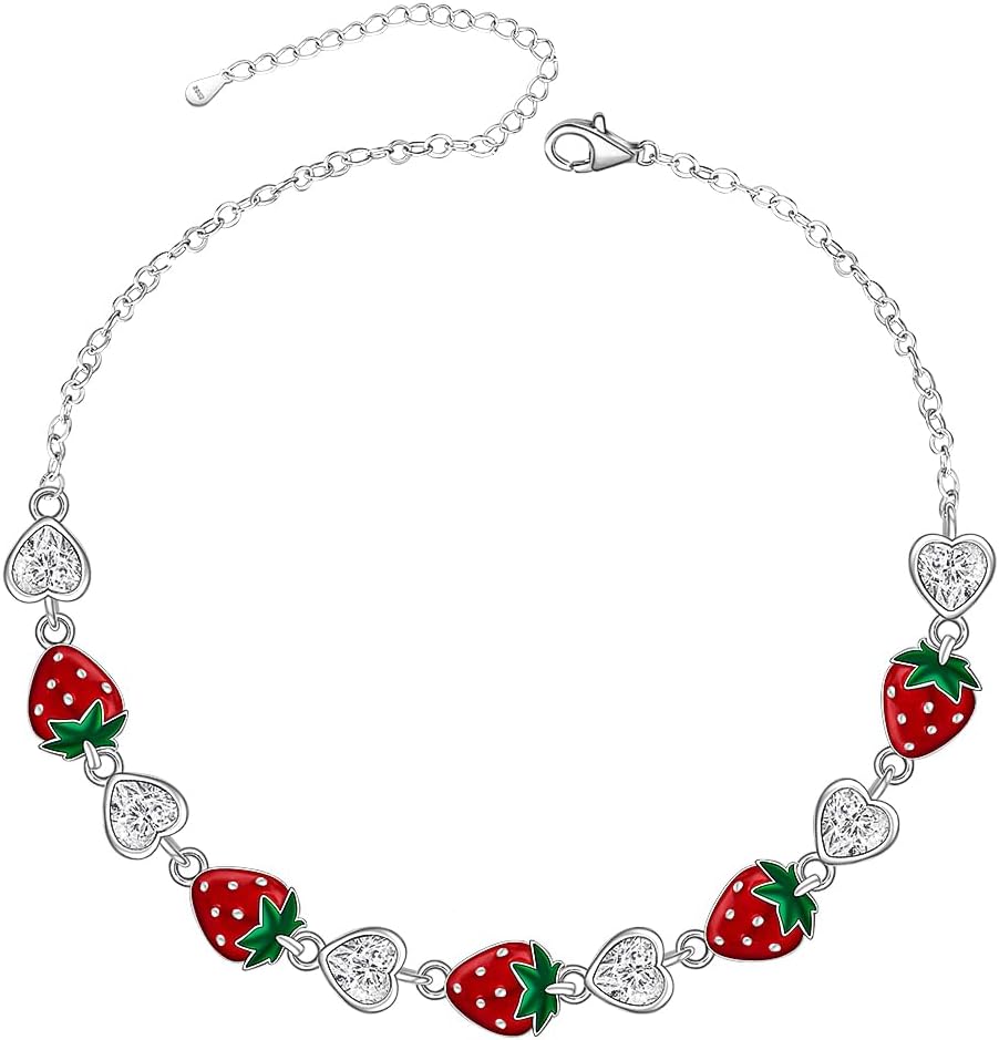 Fenthring Strawberry Bracelet Sterling Silver Red Strawberry Bracelet for Women Fruit Heart Strawberries Jewelry Birthday Gifts