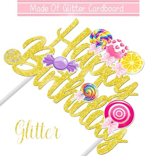 Lollipop Birthday Cake Topper Candy Party Supplies Candyland Birthday Party Decorations Gold Glitter Candyland Cake Topper Decorations for Candyland Theme Birthday Party Sweet Baby Shower Decorations