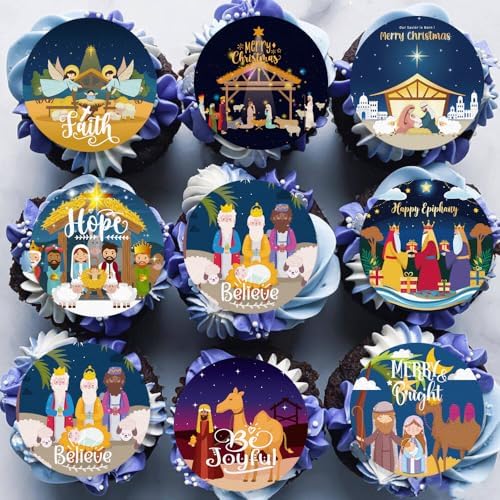 36PCS Edible Christmas Religious Nativity Cupcake Toppers Wafer Paper Happy Birthday Jesus Cupcake Picks Holy Nativity Toppers for Christmas Jesus Theme Party Decor Supplies (Pattern 2)