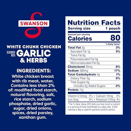 Swanson Garlic and Herbs White Chunk Fully Cooked Chicken, Ready to Eat, Simple On-the-Go Meals, 2.6 OZ Pouch