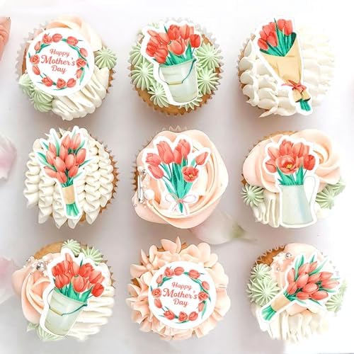 40Pcs Edible Happy Mother's Day Cupcake Toppers Edible Tulip Bouquet Cupcake Picks for Floral Mother's Day Cupcake Decorations Mom's Floral Birthday Party Cake Decorations Supplies