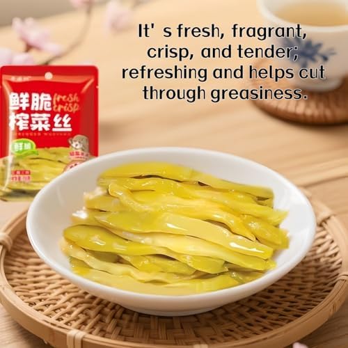 Chinese sichuan pickled mustard tuber greens, crisp and refreshing, perfect with rice. 70g*3, 210g (7.4 ounces) can be served with sandwiches, burgers, snacks, or fried rice