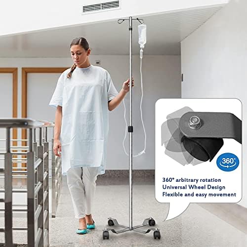 IV Pole with Wheels Medical Portable IV Stand Pole, IV Bag Stand with Removable IV Bag Holder, 47" to 85" Adjustable Height Pole, with 2 Hook & 4 Caster Steel Base