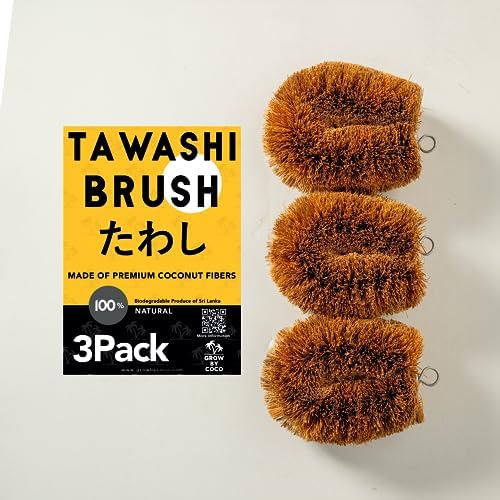 Pack of 3 Tawashi Vegetable Scrub Brush,100% Natural Coconut Coir Fiber VegetableBrush, Ideal for Fruit Scrub, Kitchen Cleaning Needs, Kamenoko Japanese Design