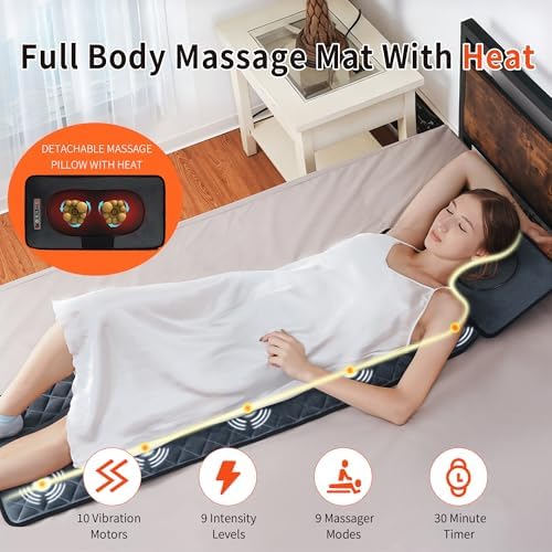 Full Body Massage Mat with Heat Detachable Neck Pillow Vibration Massage Pad with 10 Motors 9 Speeds 9 Modes for Neck Back Pain, Gifts for Men Women at Home Office Use