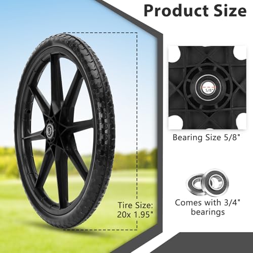 Upgraded 20" Flat Free Wheels Compatible with rubbermaid Wheelbarrow Tires, 20" Flat Free Tires with 5/8" and 3/4" Bearings Replacement for rubbermaid Cart Wheels/Big Wheel Utility Carts