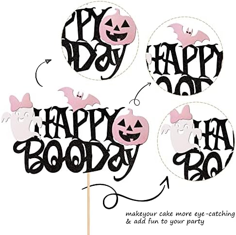 1 PCS Happy Boo Day Cake Topper Black and Pink Glitter Spooky Bow Bat Pumpkin Cake Pick Halloween Little Boo Cake Decorations for Halloween Theme Baby Shower Kids Birthday Party Supplies