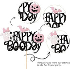 1 PCS Happy Boo Day Cake Topper Black and Pink Glitter Spooky Bow Bat Pumpkin Cake Pick Halloween Little Boo Cake Decorations for Halloween Theme Baby Shower Kids Birthday Party Supplies