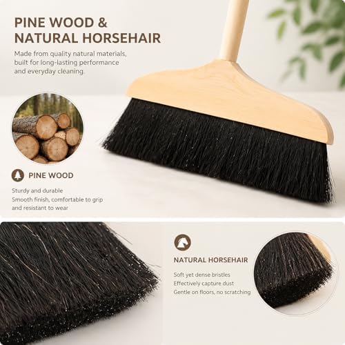 Mikikit Horsehair Broom with Long Handle Soft Bristle Sweeper Wooden Broom Indoor for Hardwood Floors Carpets Home Kitchen Office Pet Hair Cleaning