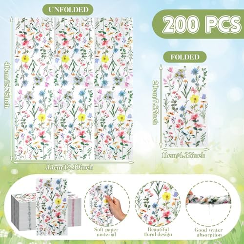Epakh 200 Pcs Bulk wildflower paper napkins Guest Towels 2 Ply Disposable Floral Dinner Napkins Decorative botanical Hand Towels for Spring Bathroom Wedding Holiday Party, 7.9 x 4.3"